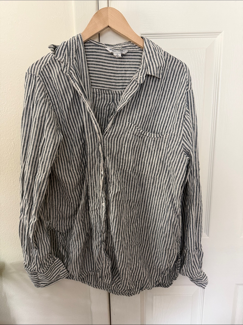 🦟 Repellent Old Navy Linen-Blend Striped Boyfriend Shirt, Blue Stripe, M-Tall